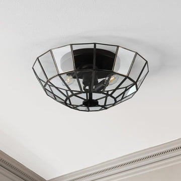 Theo 15.5" Farmhouse Rustic Iron/Glass LED Semi Flush Mount - JONATHAN Y